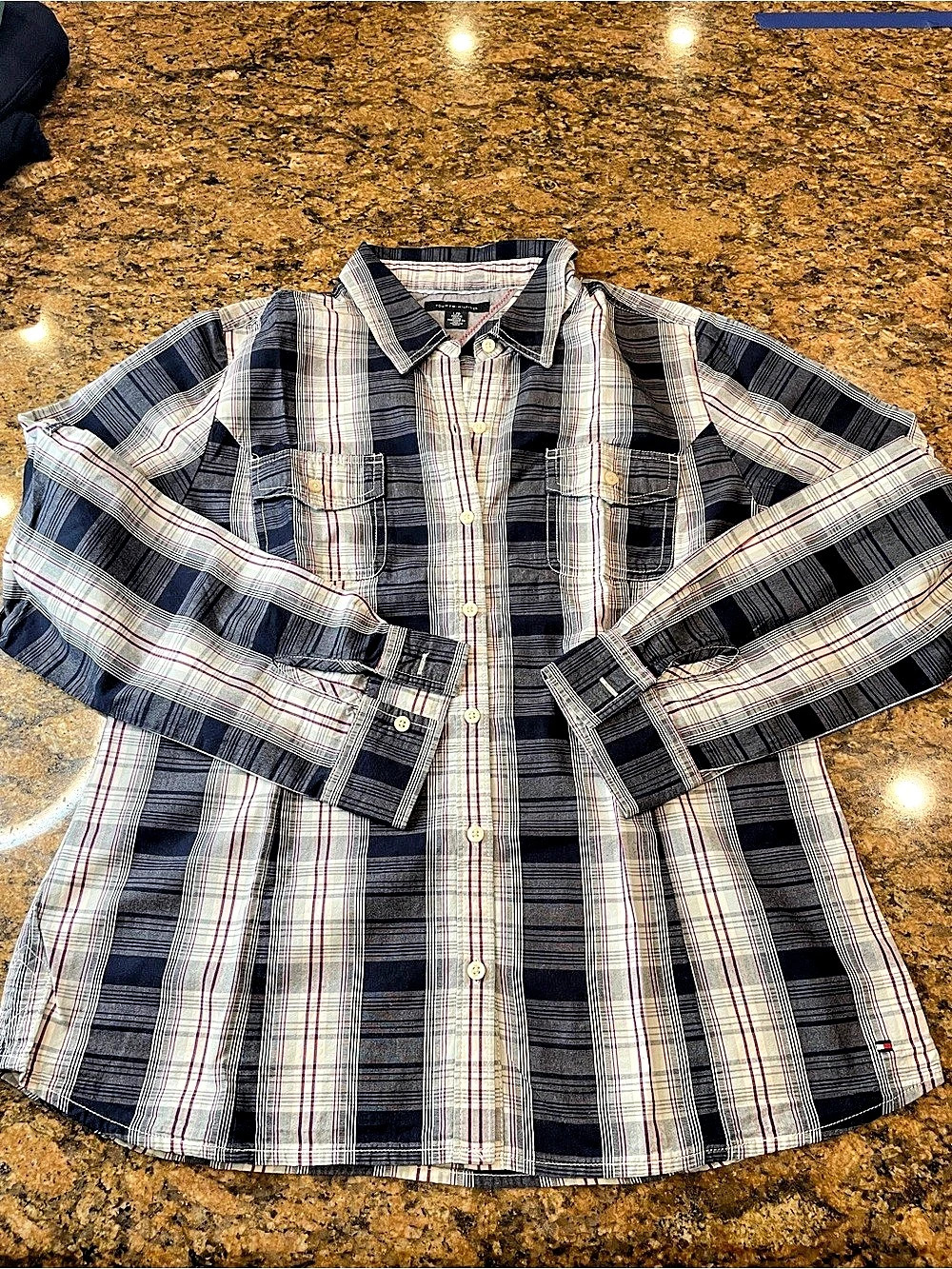Tommy Hilfiger Plaid Button Down Shirt in Blue & White Size Large